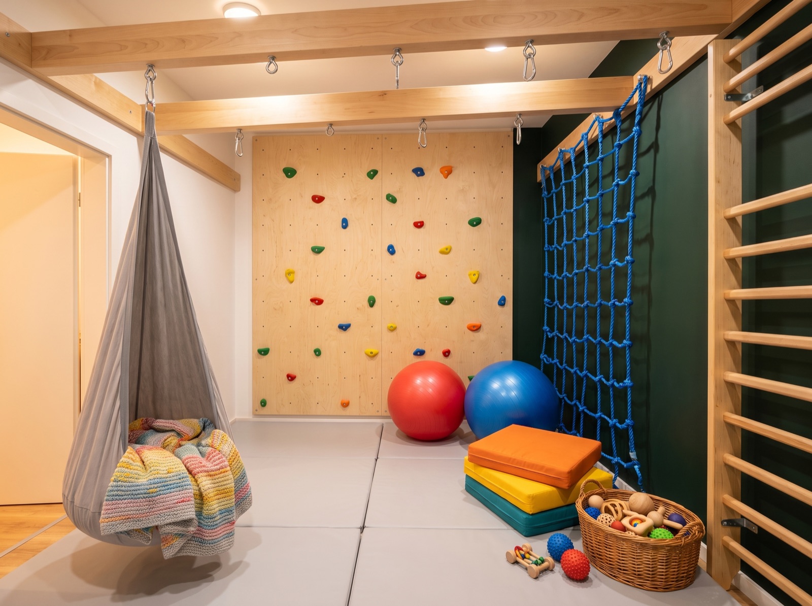 Sala do terapii integracji sensorycznej w Mandroya Senses - ścianka wspinaczkowa, siatka linowa, podwieszany hamak, piłki i materace