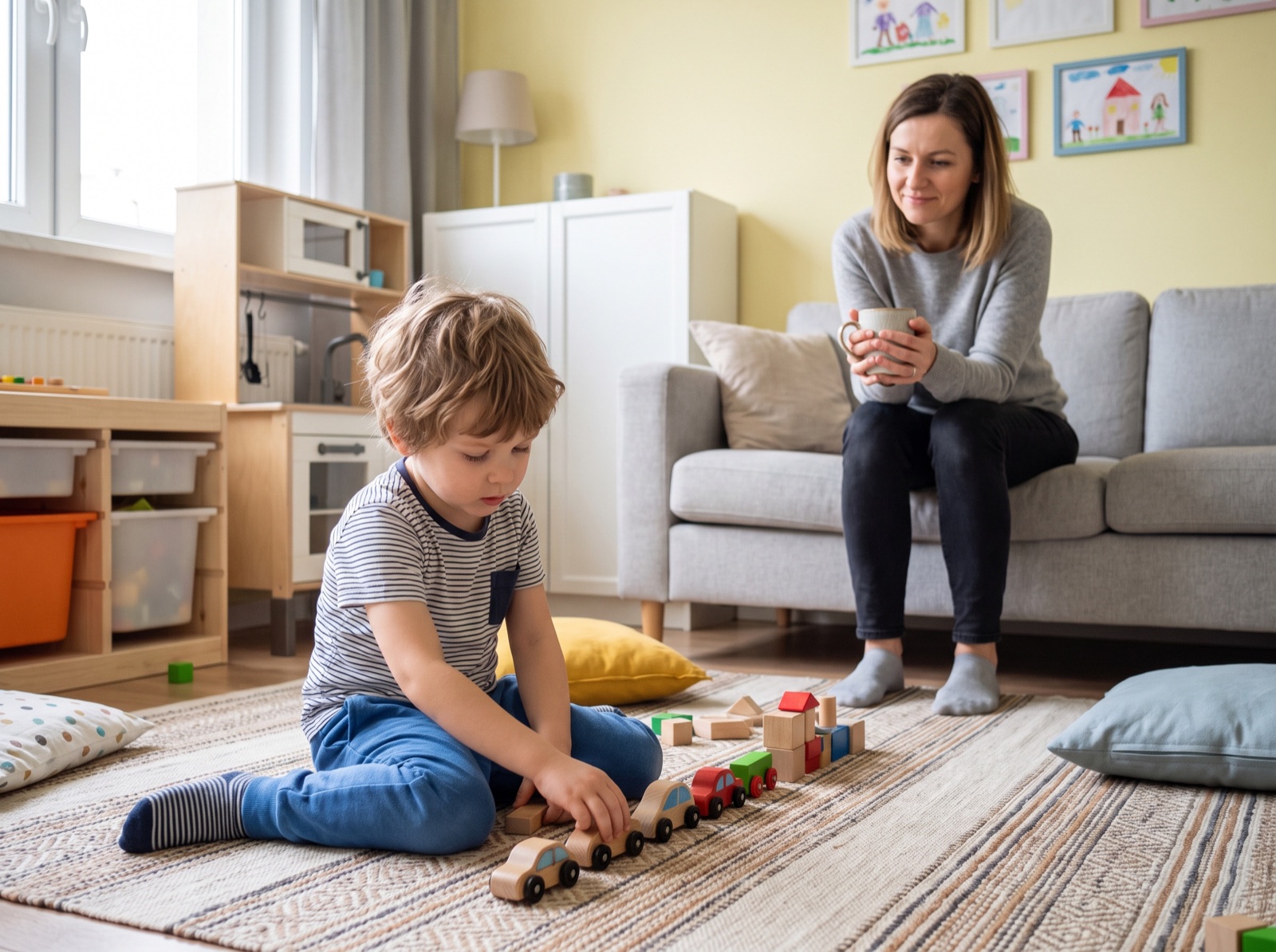 Chłopiec układa autka w rzędzie na dywanie, mama obserwuje go z kanapy